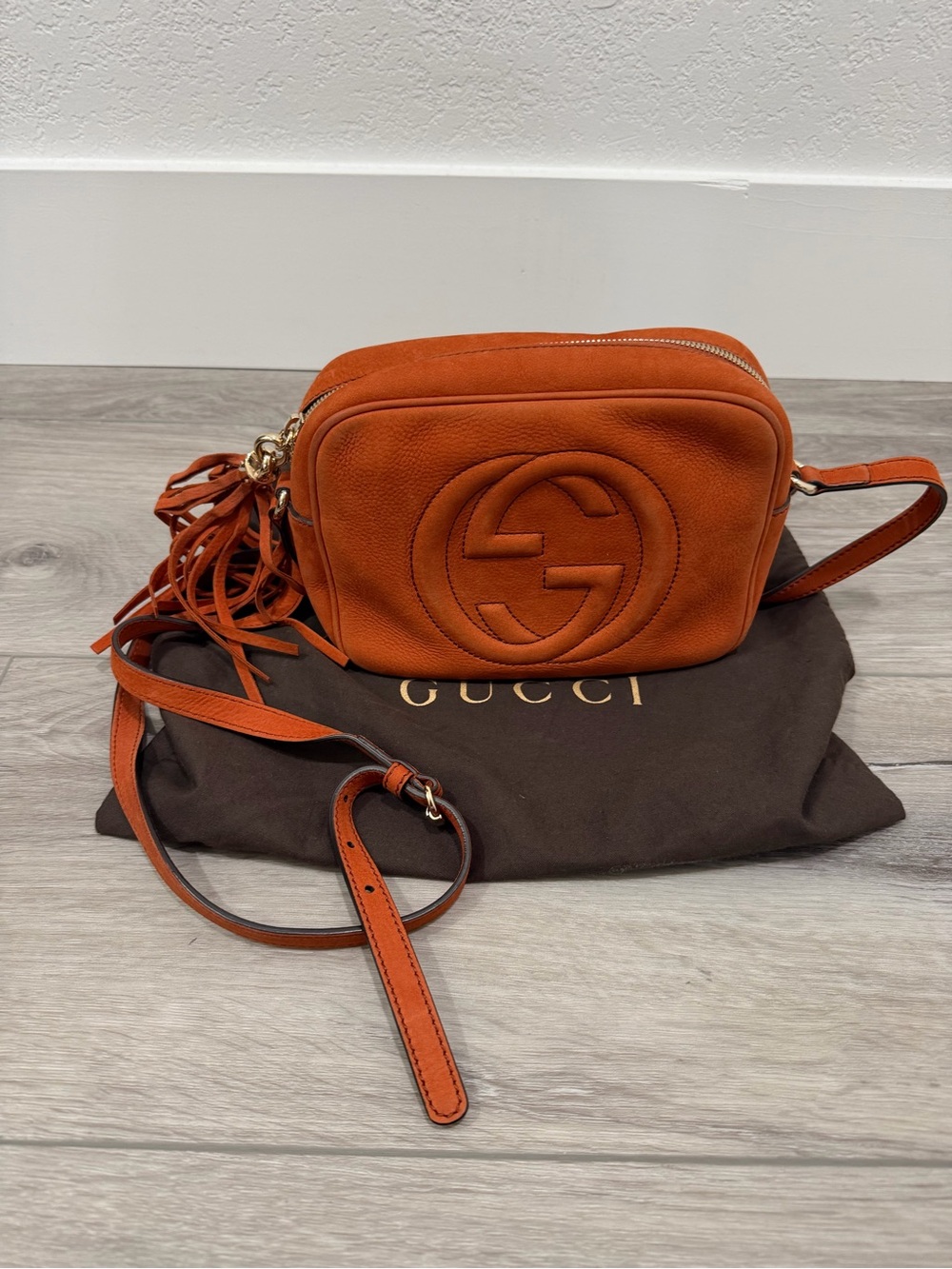 Gucci Suede Leather Soho Disco Bag in Orange with Tassel